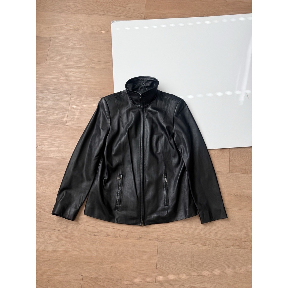 Black Leather Jacket Zip Up Large High Collar Y2K Vintage Valerie Stevens